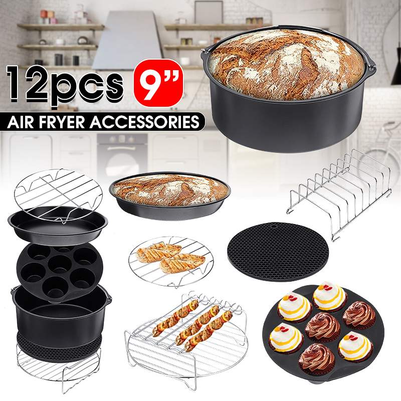 12pcs Air Fryer Accessories 9 Inch Fit for Airfryer 5.2-6.8QT Baking Basket Pizza Plate Grill Pot Kitchen Cooking Tool for Party