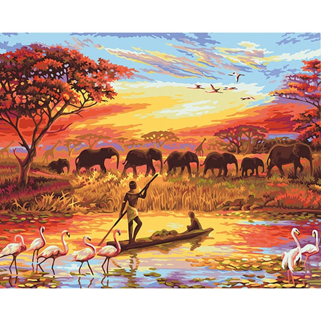 CHENISTORY Sunset Elephants Animals DIY Painting By Numbers Modern Wall Art Hand Painted Acrylic Picture For Home Decor 40x50cm