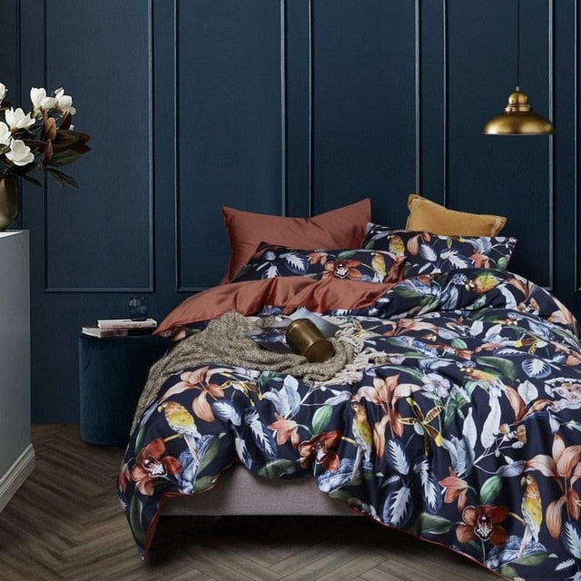 Chinoiserie style Birds Leaves printed Egyptian cotton Soft Duvet Cover Bed sheet Fitted sheet set King Queen Size Bedding Set