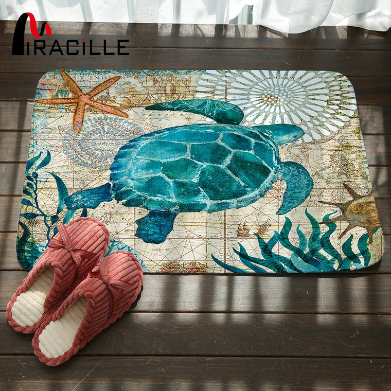 Miracille Marine Style Door Mat Floor Carpet for Living Room Sea Turtle Pattern Coral Fleece Rug Anti-Slip Doormat Home Decor