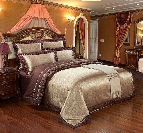 Sliver Gold Luxury Silk Satin Jacquard duvet cover bedding set queen king size Embroidery bed set bed sheet/Fitted sheet set