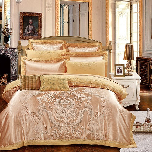 Sliver Gold Luxury Silk Satin Jacquard duvet cover bedding set queen king size Embroidery bed set bed sheet/Fitted sheet set