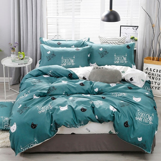 Solstice Cartoon green Printing cat head Children/kid Bedding Sets Duvet Cover Bed Sheet Pillowcase Bed Cover Linens Bedclothes