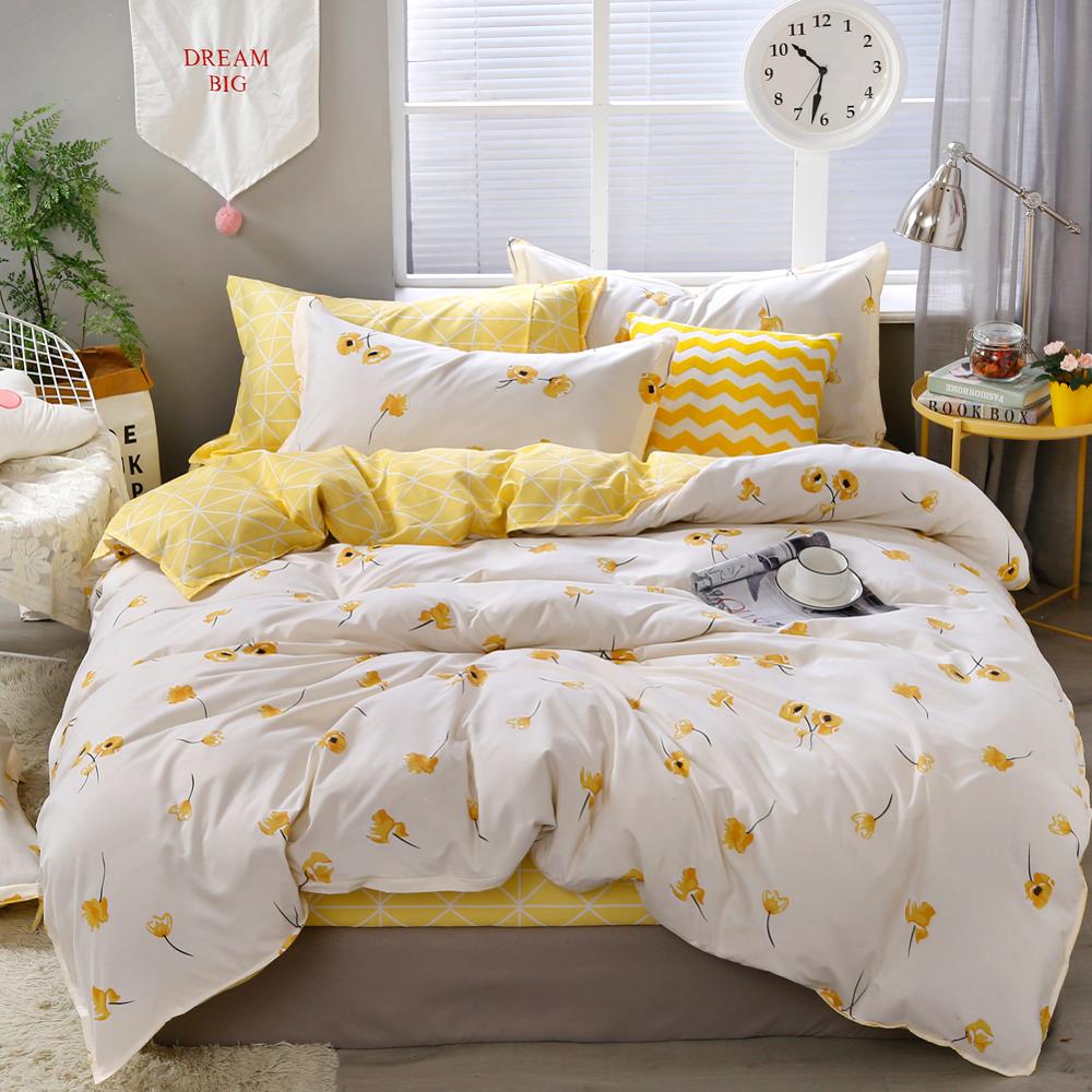 Yellow Floral Bedding Set  Luxury Flowers Duvet Cover Set Lucky Clovers and Plaid Reversible Bed Linen Luxury Home Textile