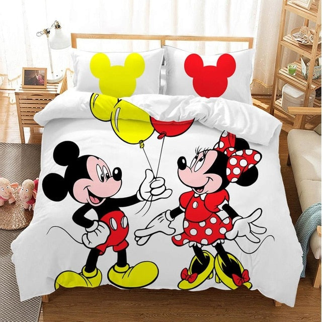 Disney Cartoon Mickey Minnie  Bedding Set Lovely Couple Queen King Size Bedding Set Children Duvet Cover Pillow Cases