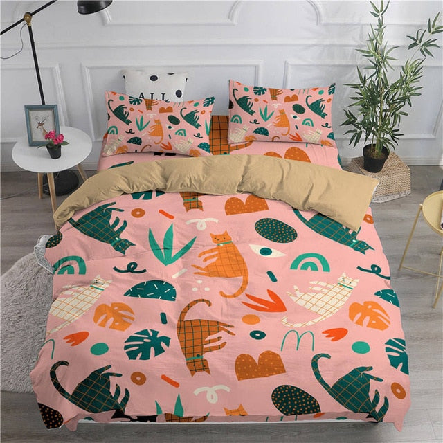 ZEIMON Cartoon Bedding Set Cute Cats Printed 3D Duvet Cover Set Twin Full Queen King Double Sizes Pillowcase Bedclothes