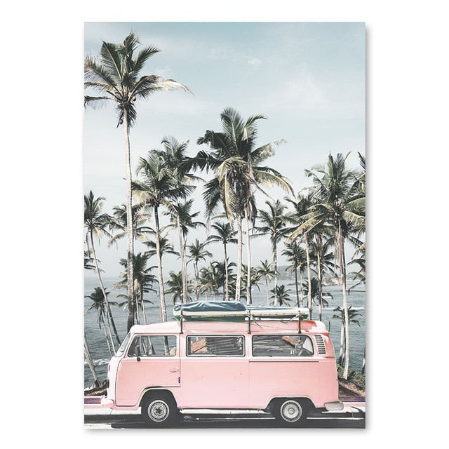 Ocean Landscape Canvas Poster Nordic Style Beach Pink Bus Wall Art Print Painting Decoration Picture Scandinavian Home Decor