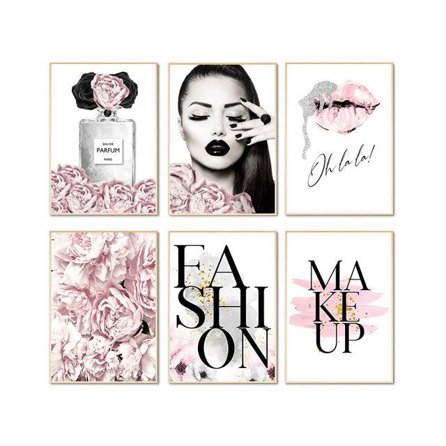 Pink Flower Perfume Fashion Lady Poster Sliver Lips Makeup Print Canvas Art Painting Wall Picture Modern Girl Room Home Decor