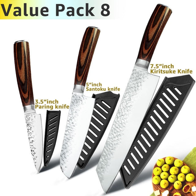 Kitchen Knife 8 inch Professional Japanese Chef Knives 7CR17 440C Stainless Steel Full Tang Meat Cleaver Slicer Santoku Set