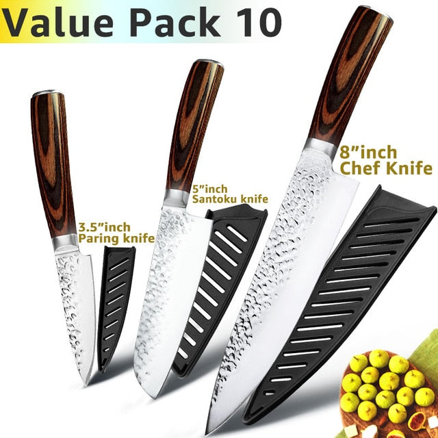 Kitchen Knife 8 inch Professional Japanese Chef Knives 7CR17 440C Stainless Steel Full Tang Meat Cleaver Slicer Santoku Set