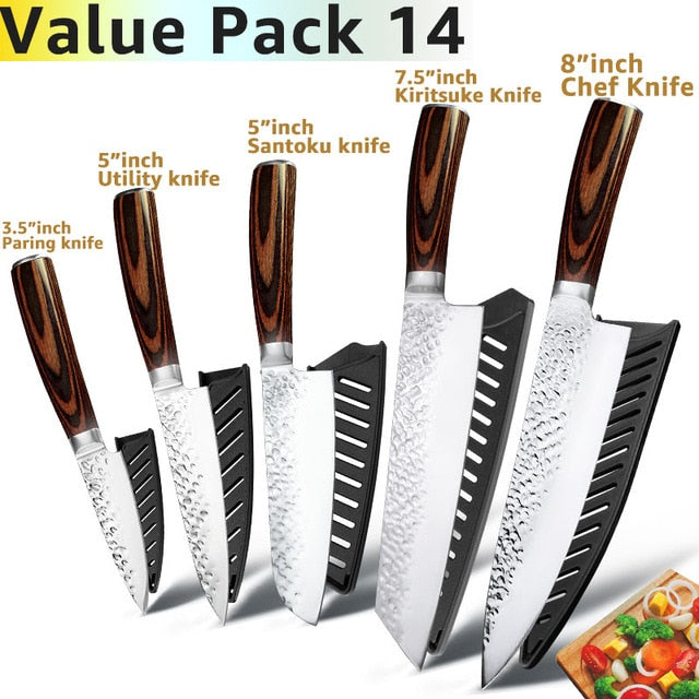 Kitchen Knife 8 inch Professional Japanese Chef Knives 7CR17 440C Stainless Steel Full Tang Meat Cleaver Slicer Santoku Set