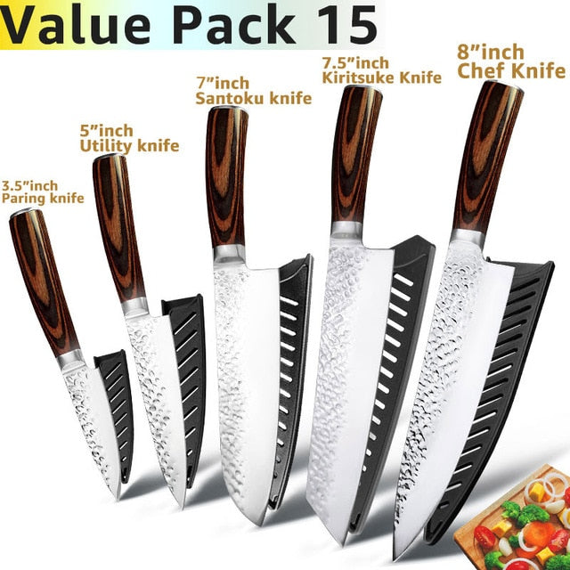 Kitchen Knife 8 inch Professional Japanese Chef Knives 7CR17 440C Stainless Steel Full Tang Meat Cleaver Slicer Santoku Set
