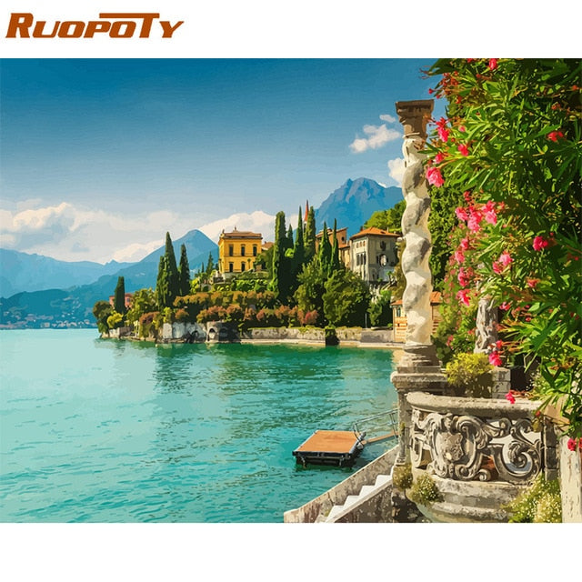 RUOPOTY 60x75cm Frame Diy Painting By Numbers Castle Kit Landscape Modern Wall Art Picture By Numbers Unique Gift For Home Decor