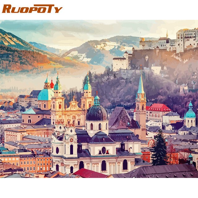 RUOPOTY 60x75cm Frame Diy Painting By Numbers Castle Kit Landscape Modern Wall Art Picture By Numbers Unique Gift For Home Decor