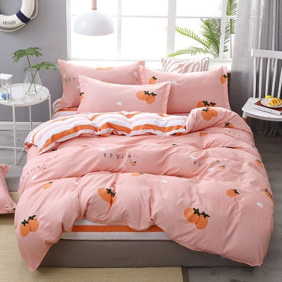 4pcs Pink Strawberry kawaii Bedding Set Luxury Queen Size Bed Sheets Children Quilt Soft Comforter Cotton Bedding Sets For Girl