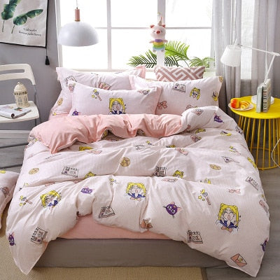 4pcs Pink Strawberry kawaii Bedding Set Luxury Queen Size Bed Sheets Children Quilt Soft Comforter Cotton Bedding Sets For Girl