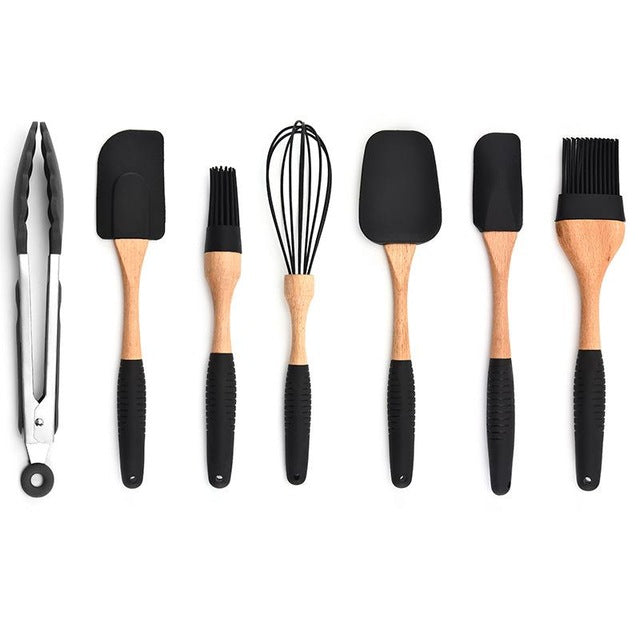 Dropshipping Silicone Wood Turner Soup Spoon Spatula Brush Scraper Pasta Gloves Egg Beater Kitchen Cooking Tools Kitchenware