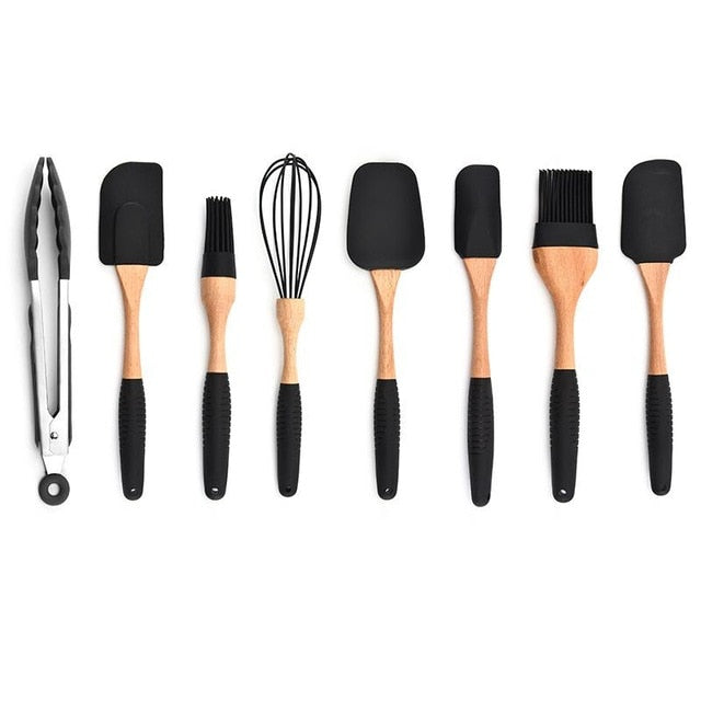 Dropshipping Silicone Wood Turner Soup Spoon Spatula Brush Scraper Pasta Gloves Egg Beater Kitchen Cooking Tools Kitchenware